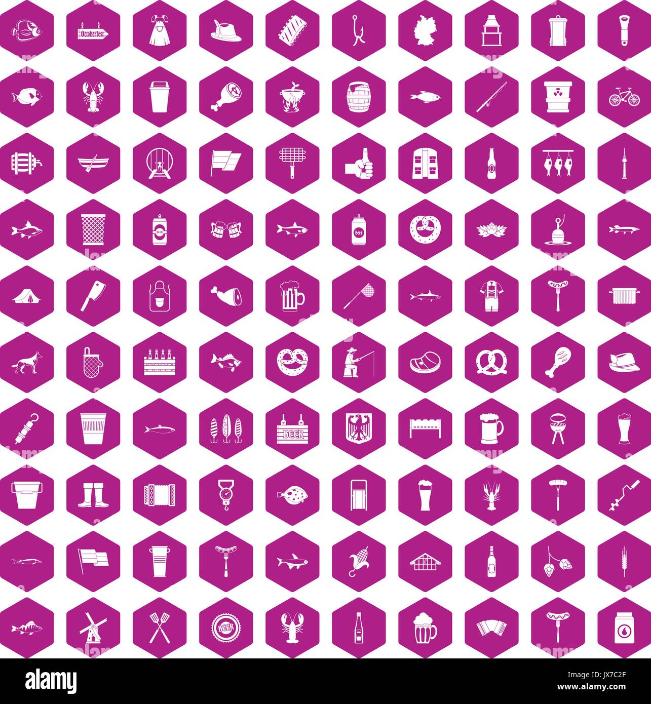 100 beer icons hexagon violet Stock Vector