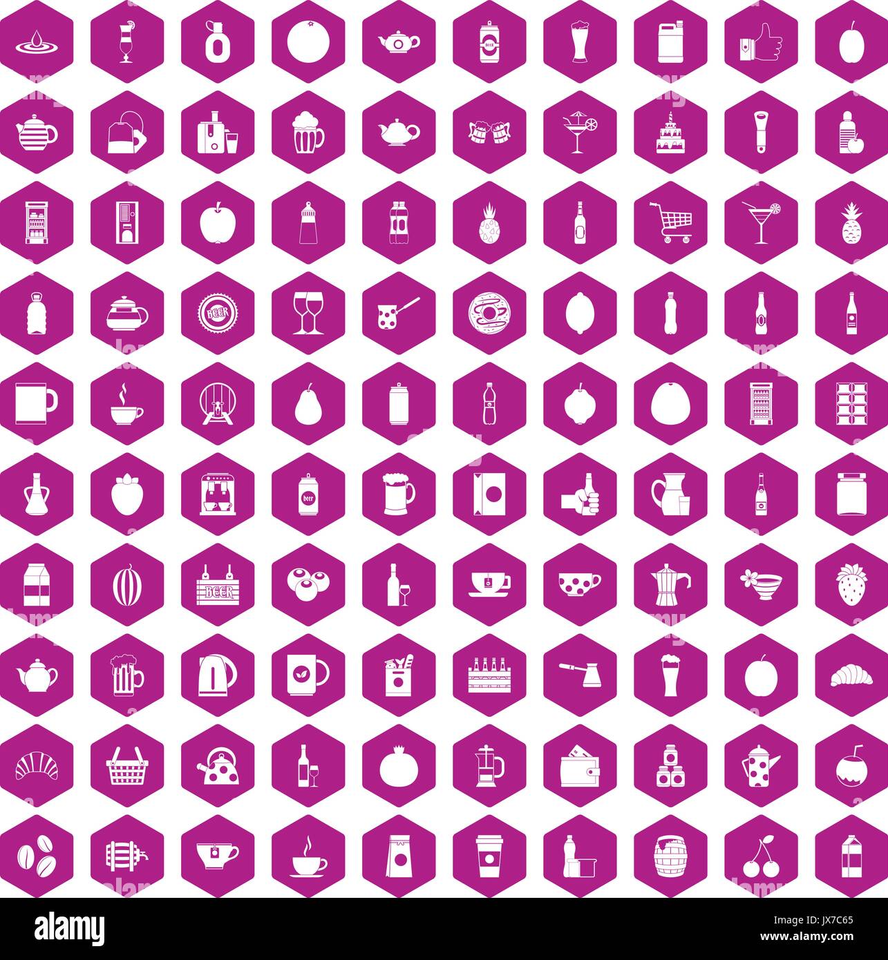 100 beverage icons hexagon violet Stock Vector