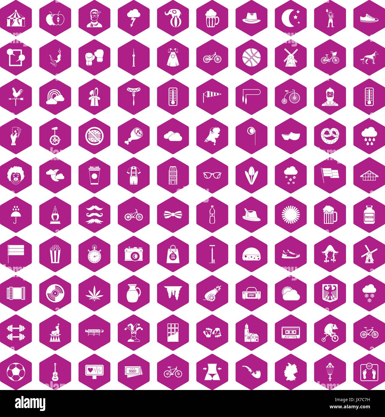 100 bicycle icons hexagon violet Stock Vector