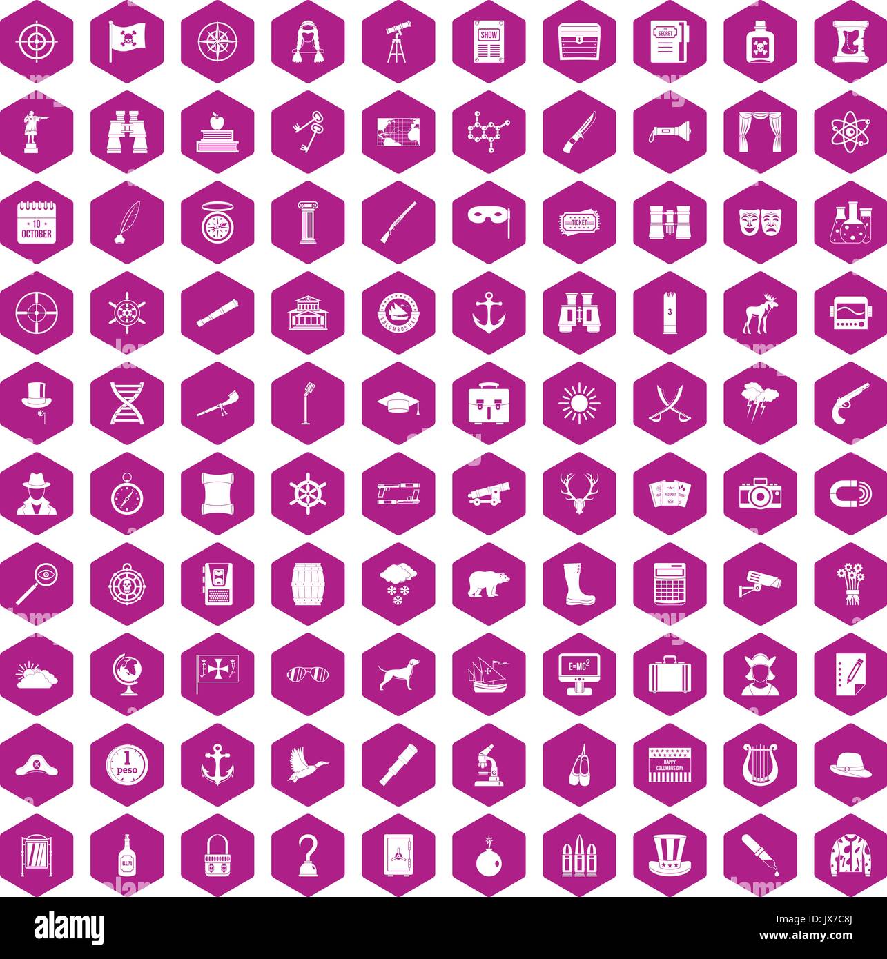 100 binoculars icons hexagon violet Stock Vector