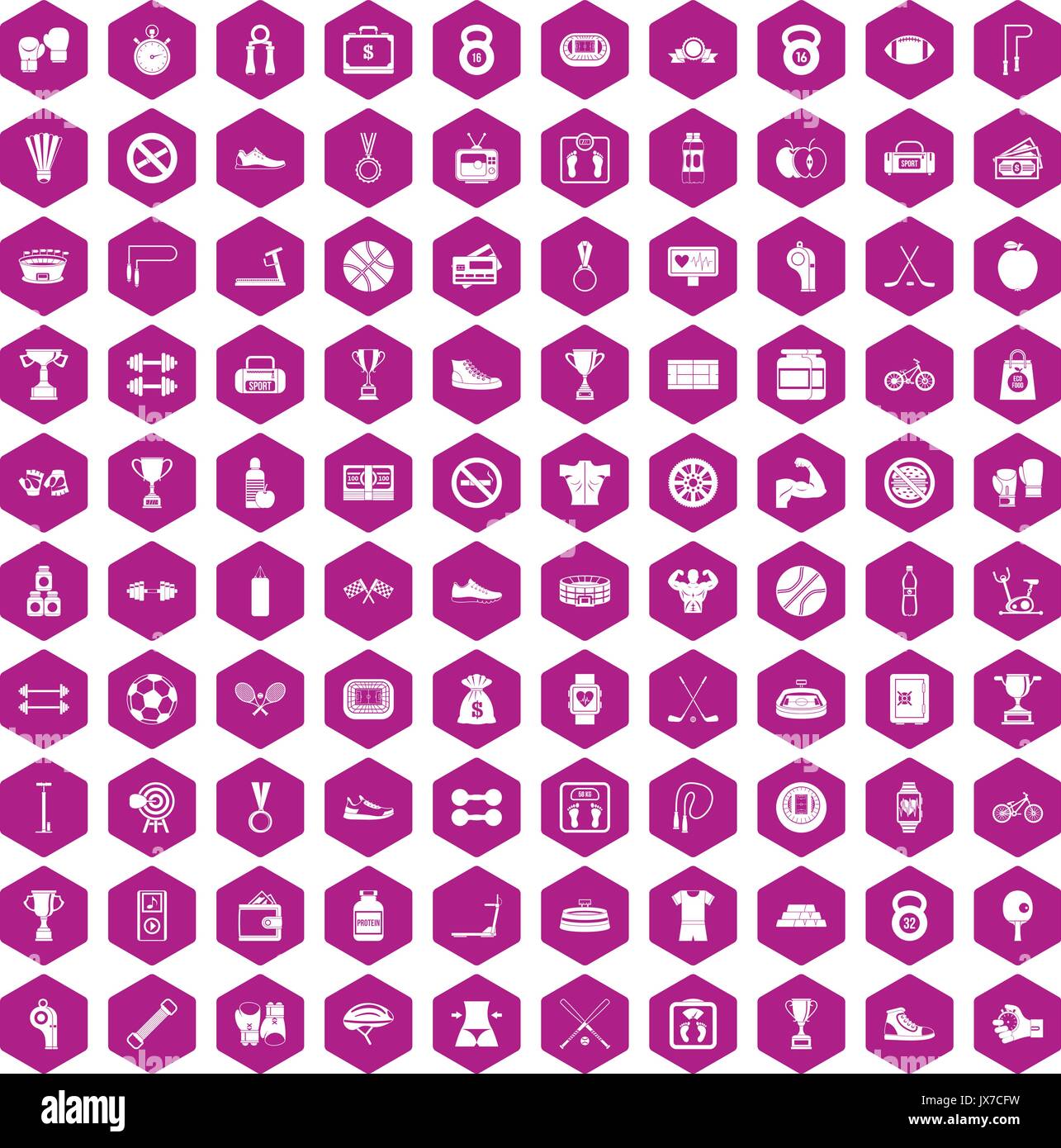 100 boxing icons hexagon violet Stock Vector