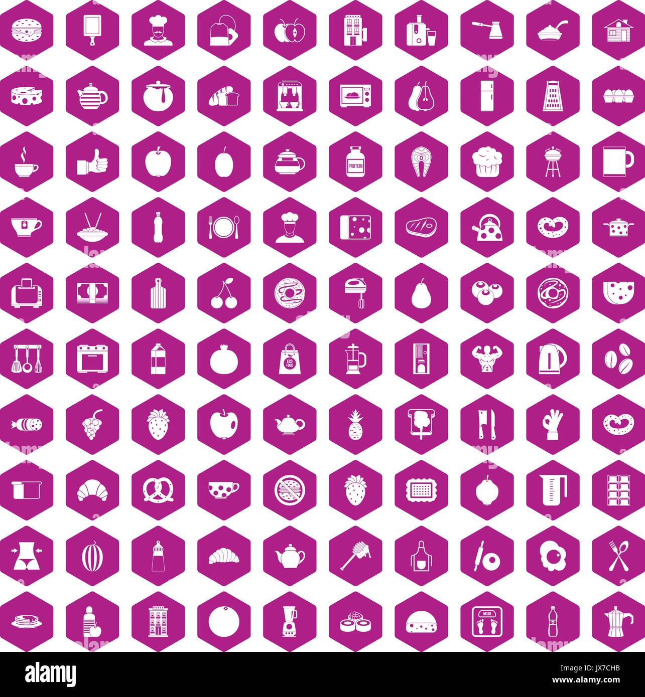 100 breakfast icons hexagon violet Stock Vector