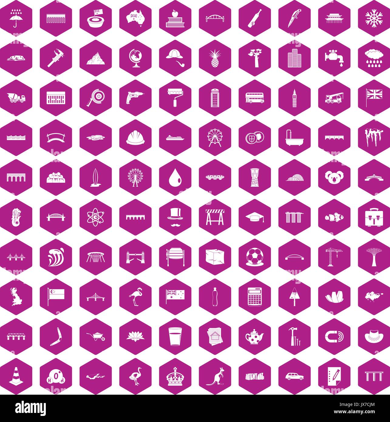100 bridge icons hexagon violet Stock Vector