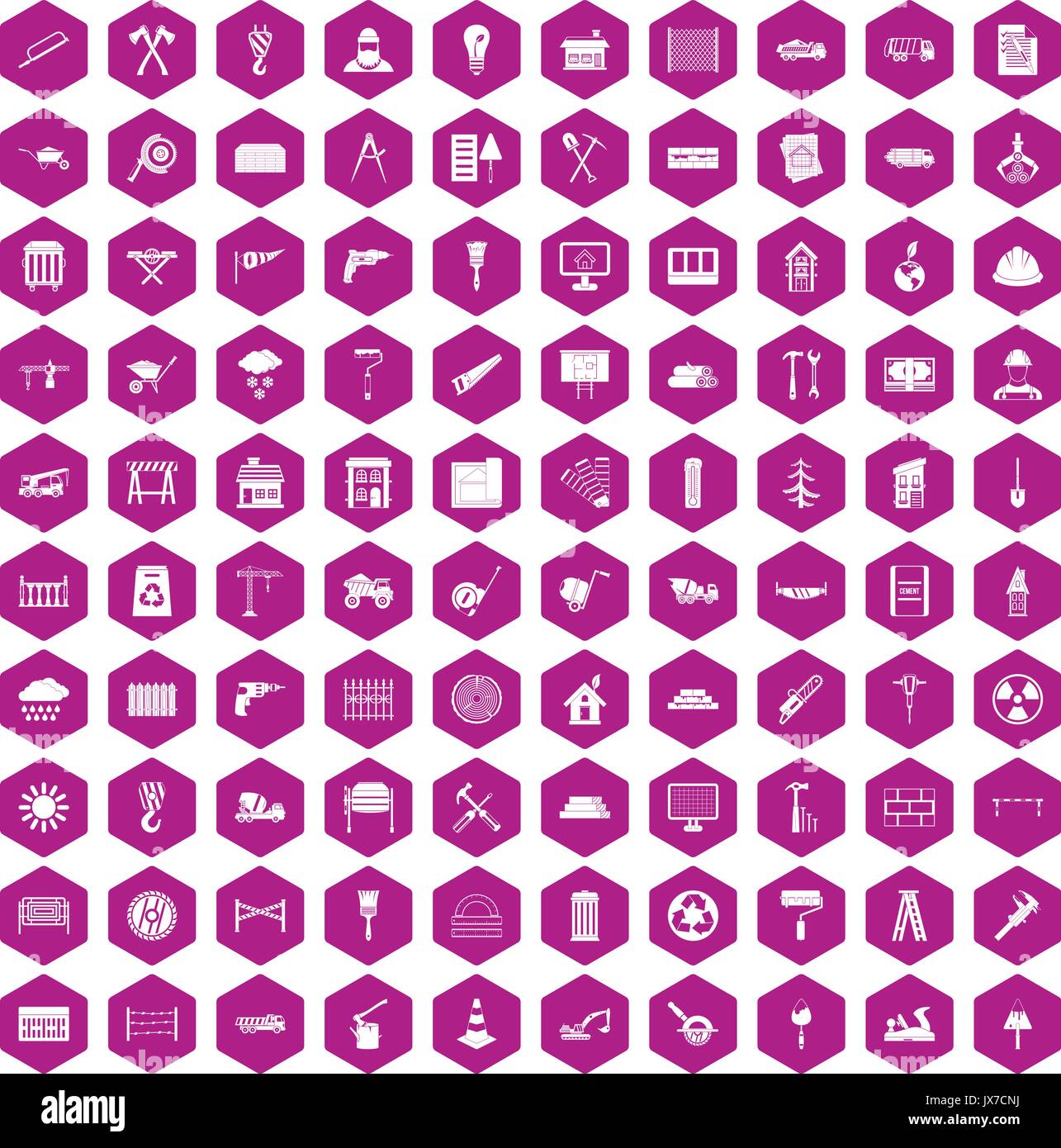 100 building materials icons hexagon violet Stock Vector