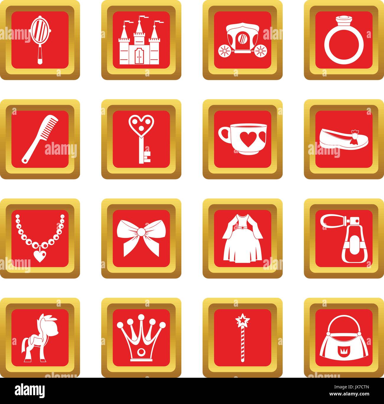 Doll princess items icons set red Stock Vector