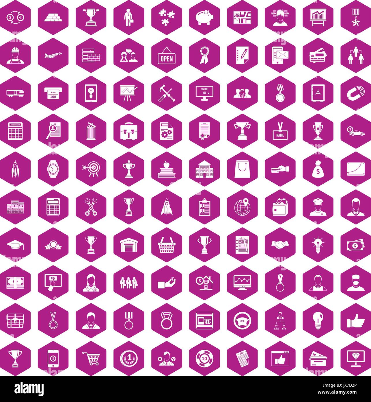 100 business career icons hexagon violet Stock Vector