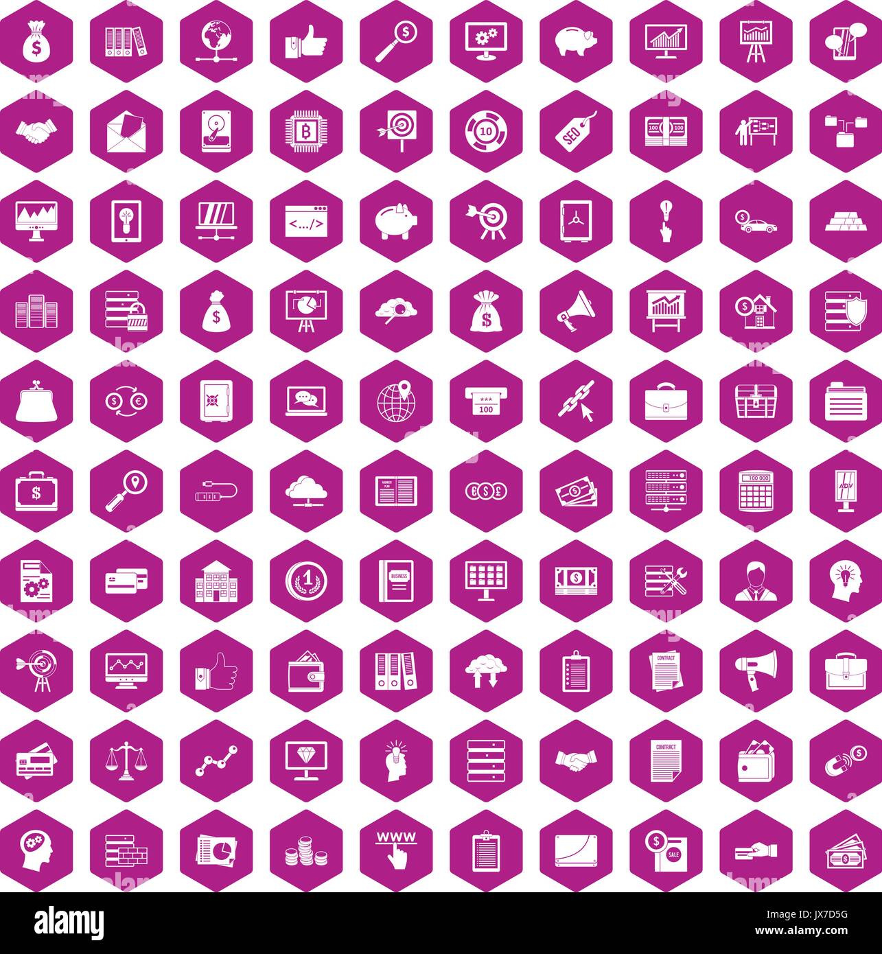 100 business process icons hexagon violet Stock Vector