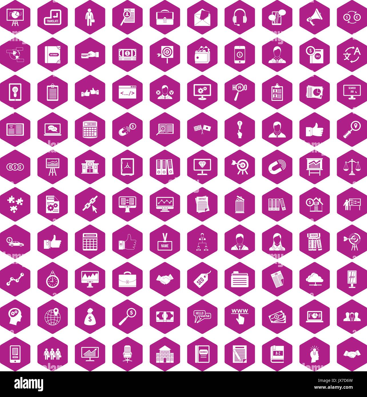 100 business training icons hexagon violet Stock Vector