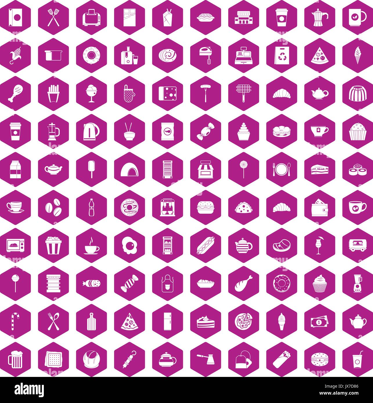 100 cafe icons hexagon violet Stock Vector