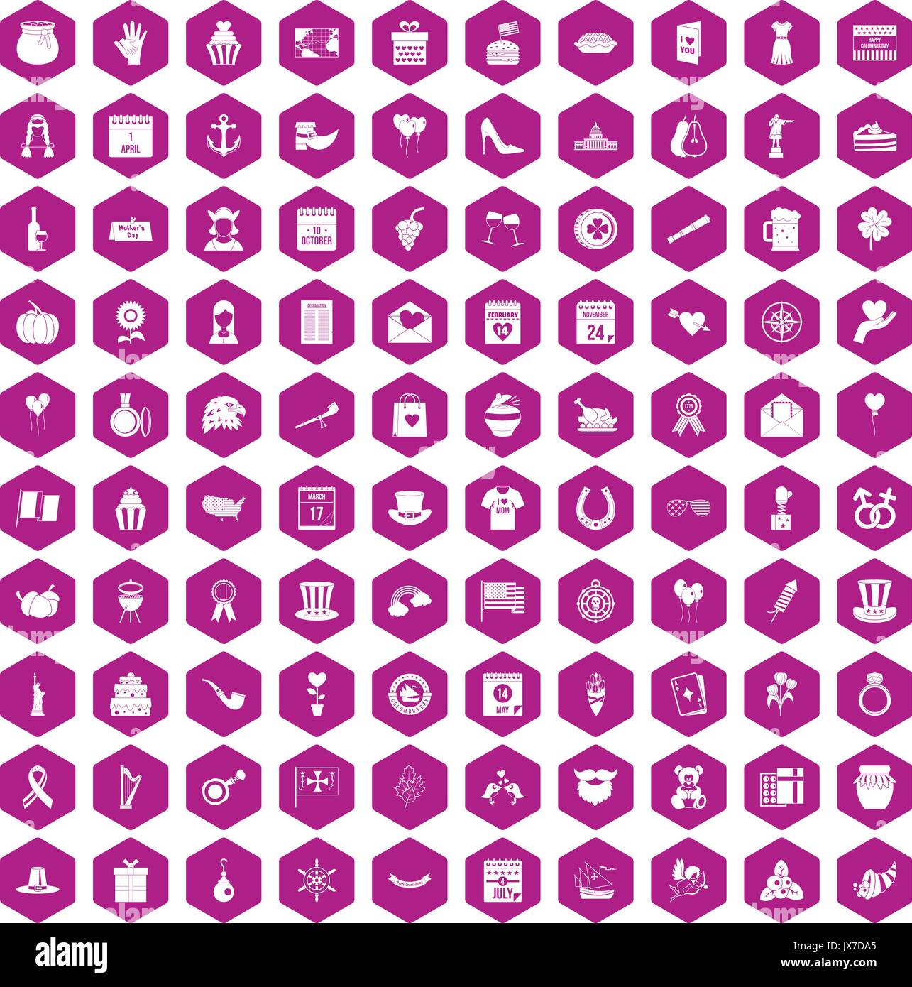 100 calendar icons hexagon violet Stock Vector
