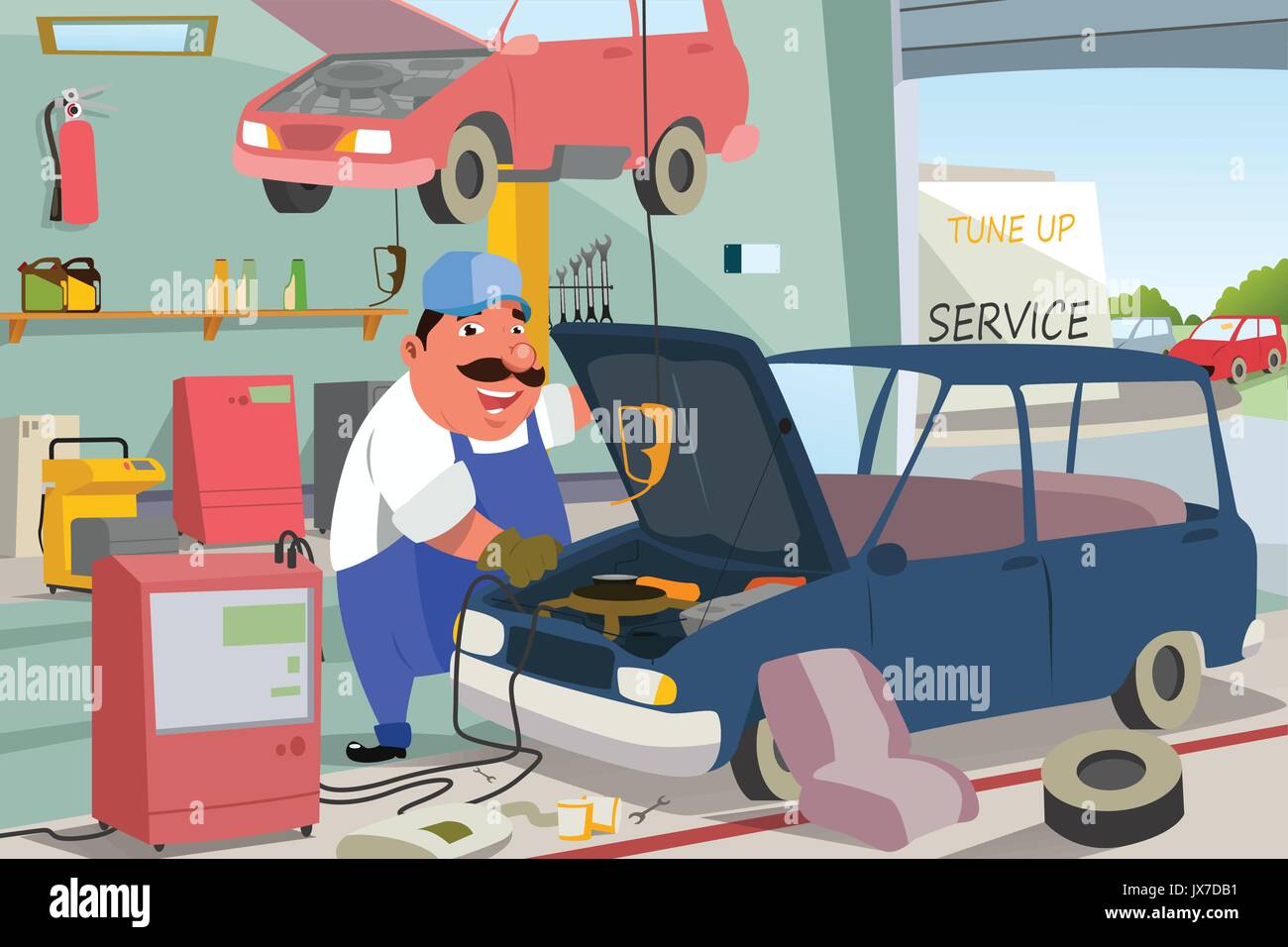 A vector illustration of Auto Mechanic Fixing a Car in the Garage Stock Vector