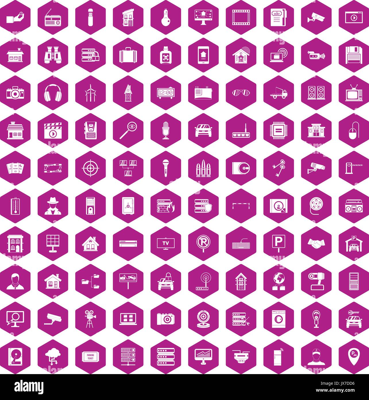 100 camera icons hexagon violet Stock Vector