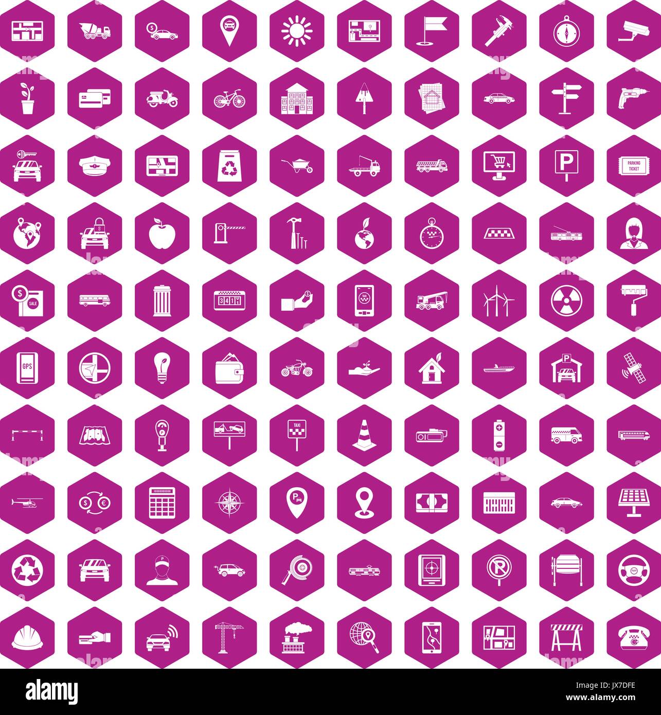 100 car icons hexagon violet Stock Vector