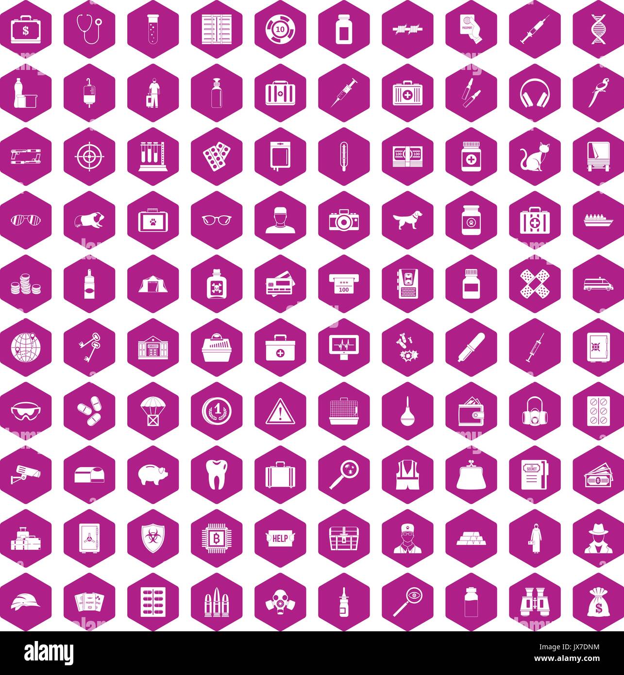 100 case icons hexagon violet Stock Vector