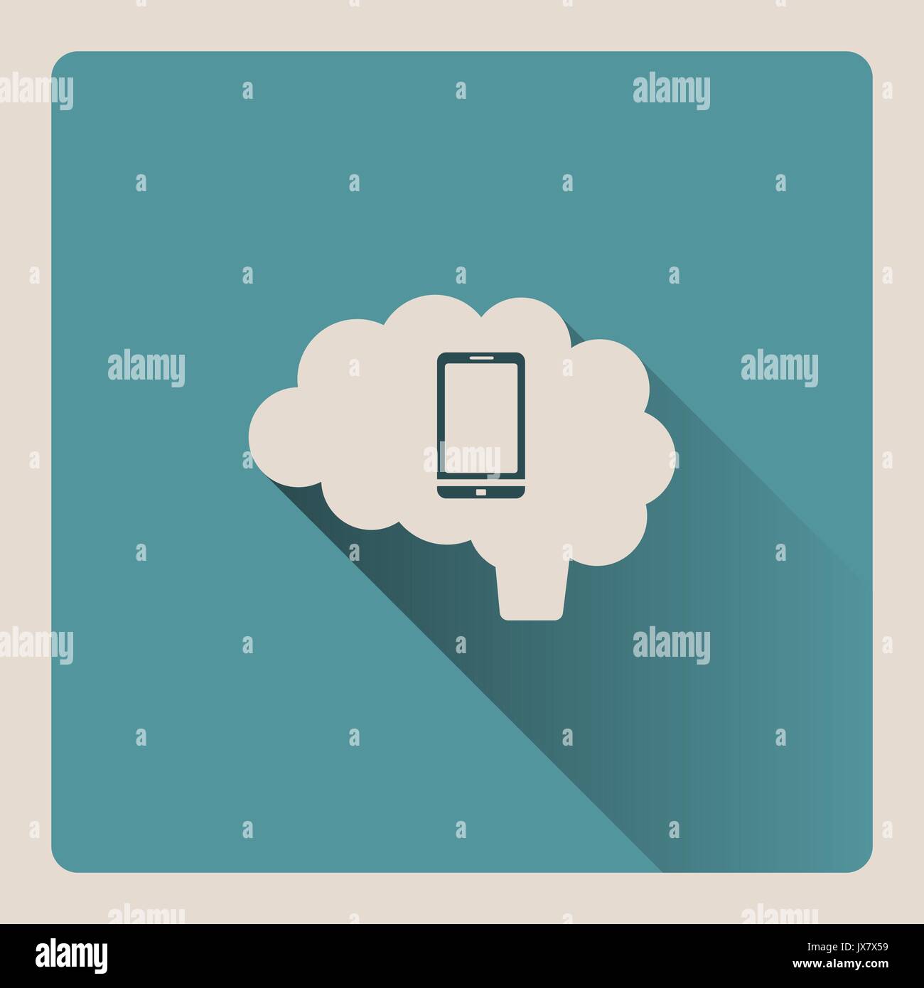 Brain thinking on the smartphone illustration on blue square background with shade Stock Vector
