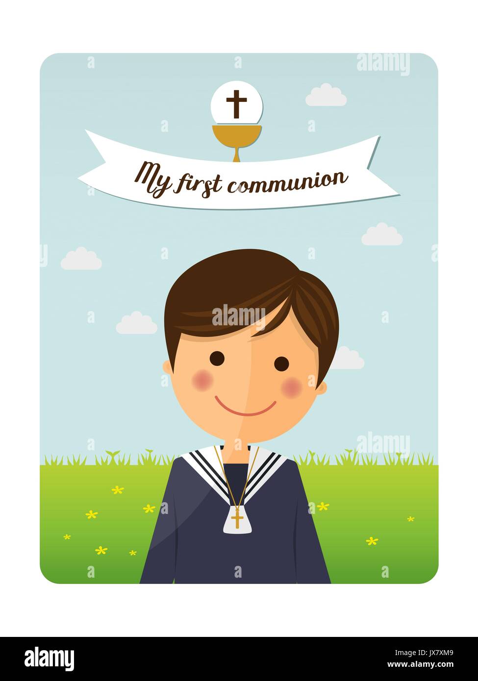 First communion child foreground invitation with message on blue sky background Stock Vector