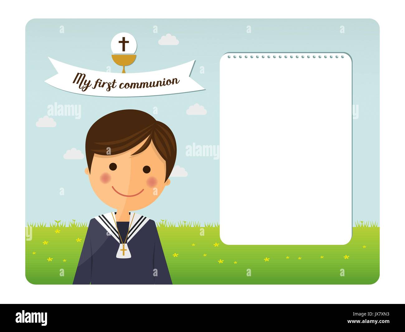 First communion child foreground invitation on blue sky background Stock Vector