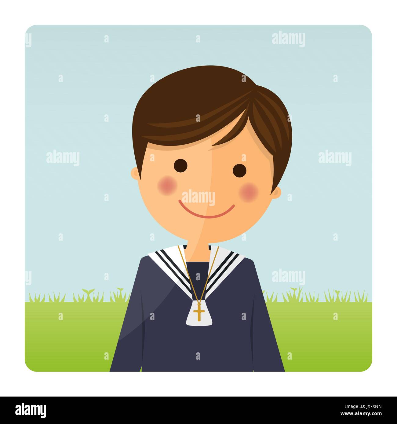 First communion child foreground on blue sky background Stock Vector