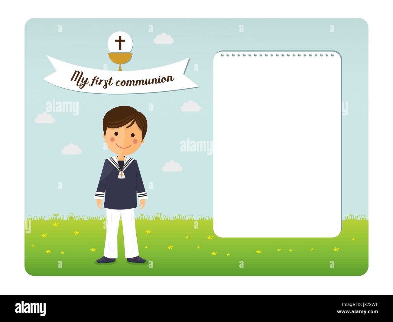 First communion child invitation on blue sky background Stock Vector