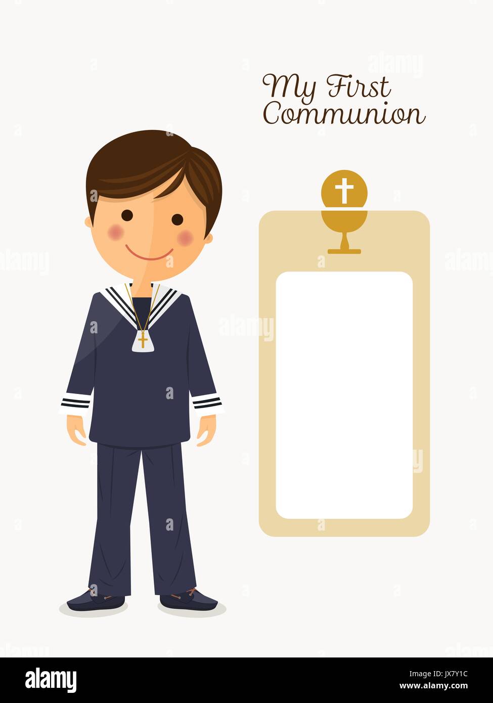 First communion child on white background with message Stock Vector