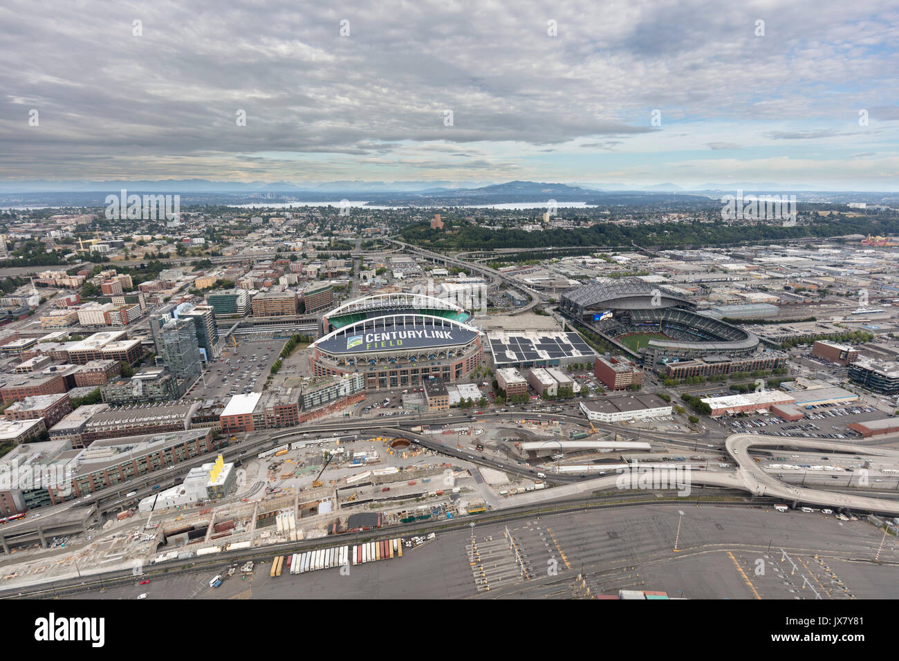 aerial view of CenturyLink Field and Safeco Field stadiums, Seattle, Washington State, USA Stock Photo