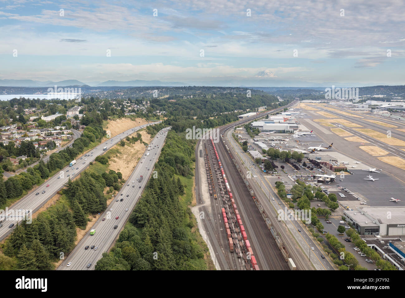 aerial view of I-5 Interstate Highway, and Boeing Field, Seattle, Washington State, USA Stock Photo
