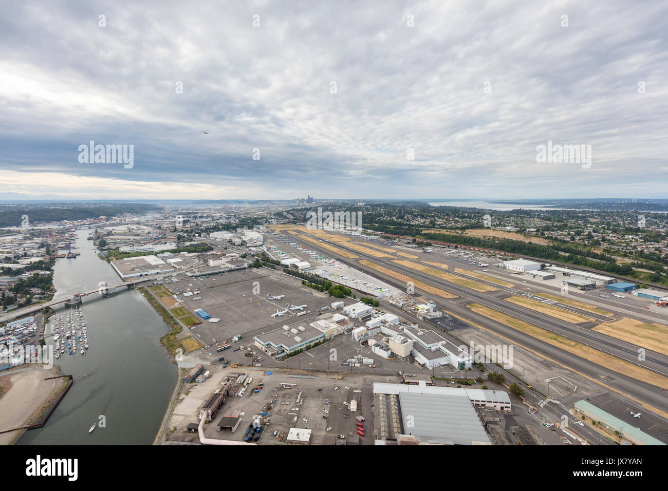 Aerial view of King County International Airport and Boeing Field factory, Seattle, Washington State, USA Stock Photo