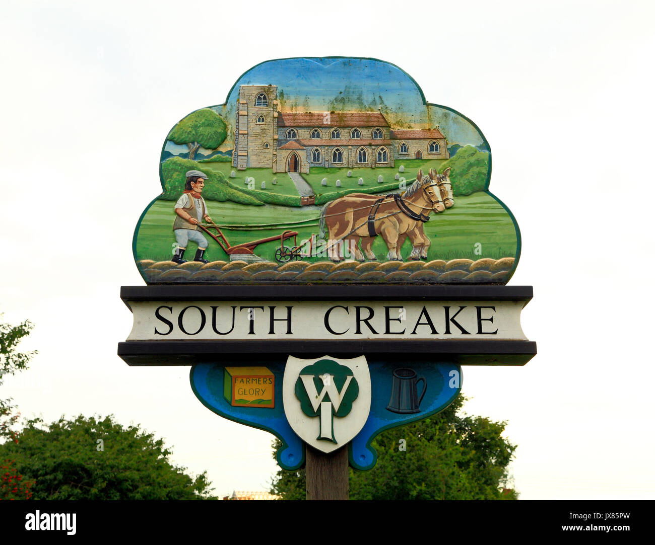 South Creake, village sign, Norfolk, England, UK, English village signs, W.I. Women's Institute Stock Photo