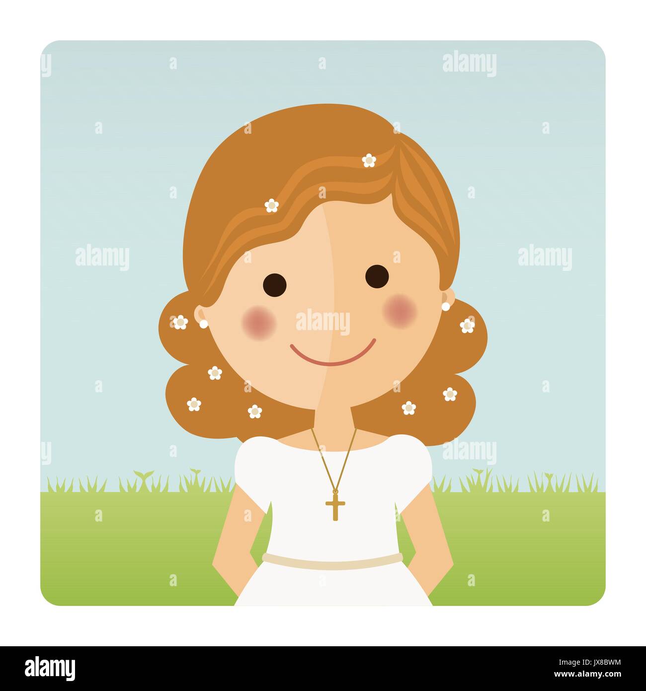 Girl communion foreground with curly hair on blue sky background Stock Vector