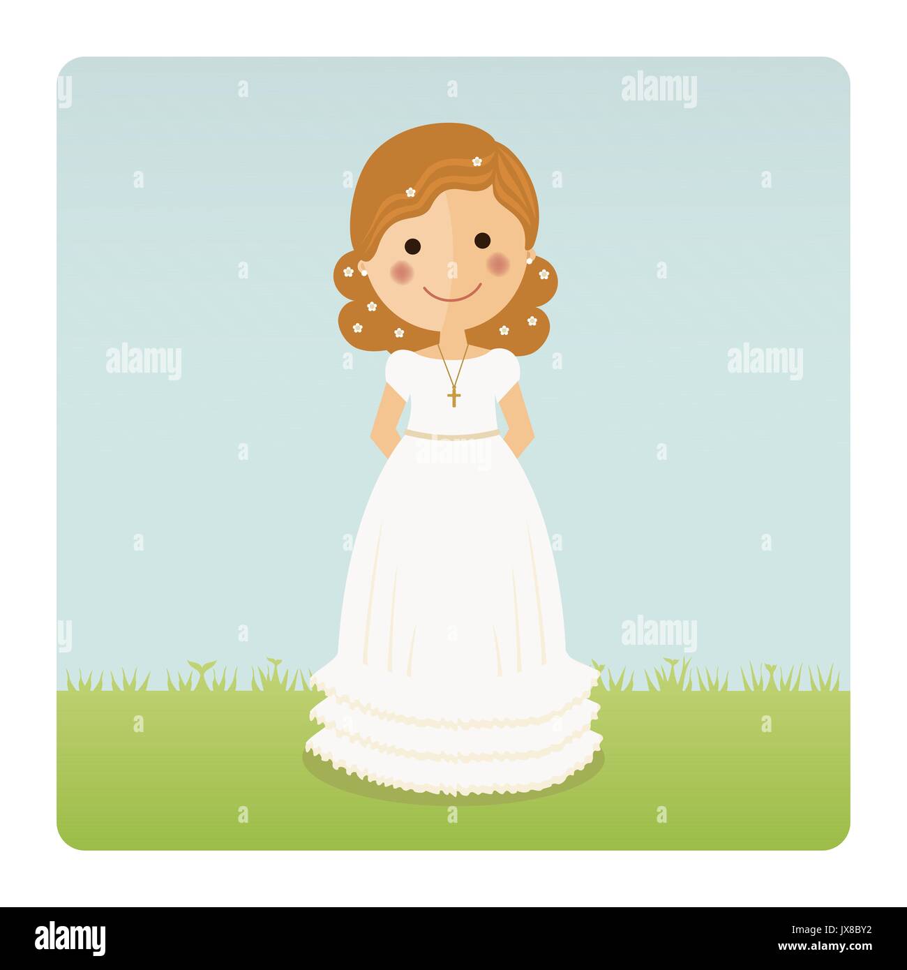 Girl communion with curly hair on blue sky background Stock Vector