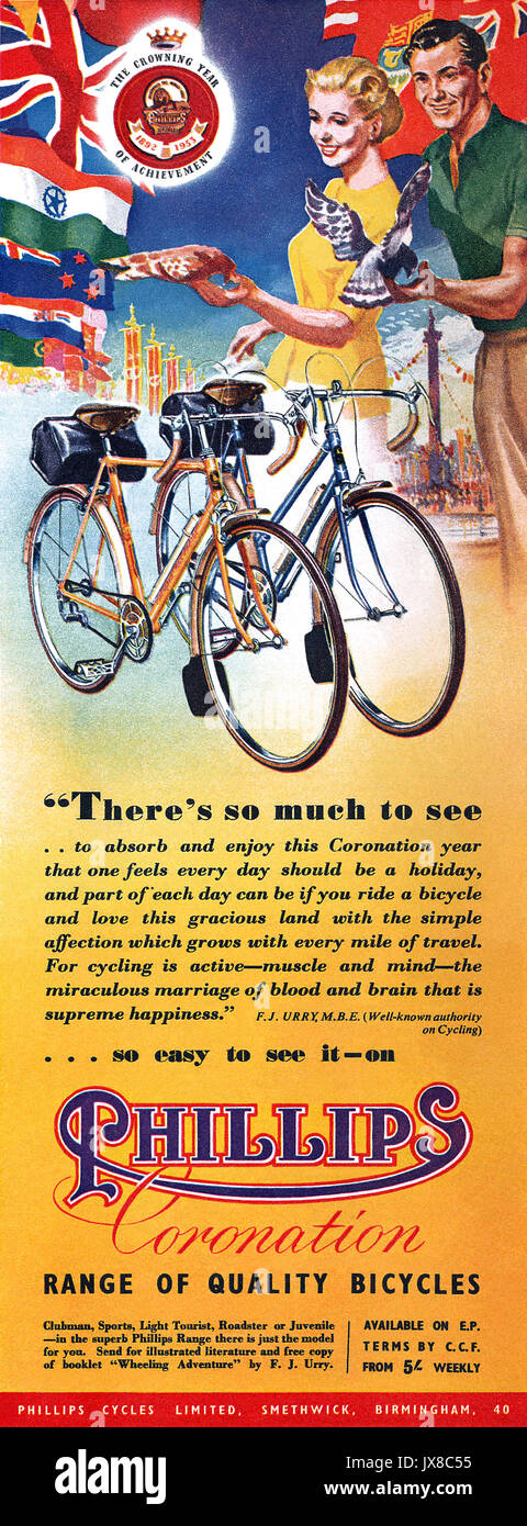1953 British advertisement for Phillips Bicycles, in the year of the coronation of Queen Elizabeth II. Stock Photo