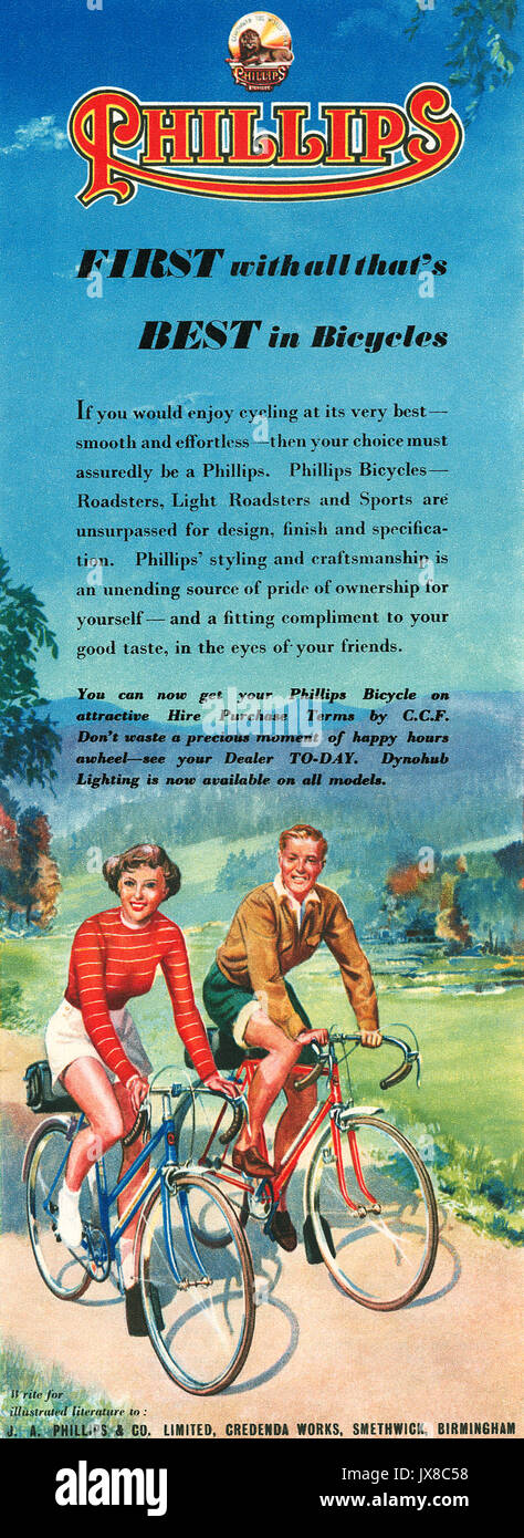 1951 British advertisement for Phillips Bicycles. Stock Photo