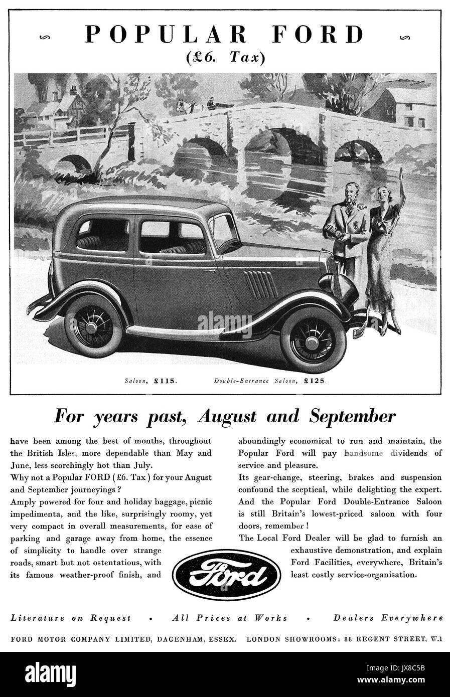 1935 British advertisement for the Popular Ford motor car. Stock Photo