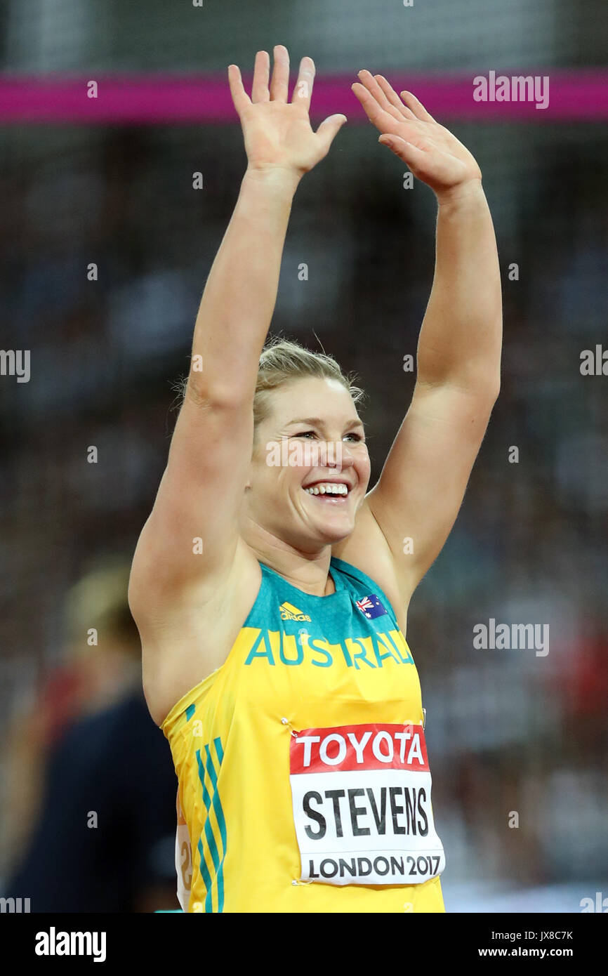 Dani STEVENS (Australia) celebrating Second place in the Women's Discus Final at the 2017 IAAF World Championships, Queen Elizabeth Olympic Park, Stratford, London, UK. Stock Photo