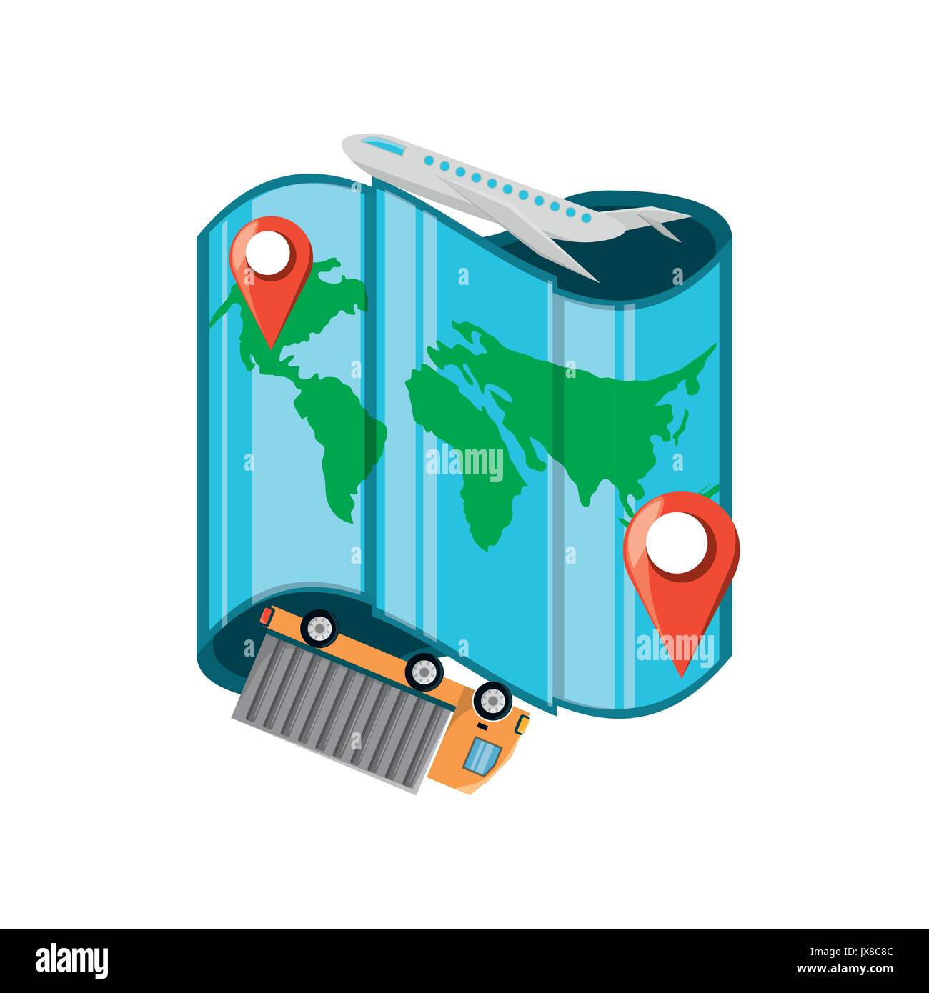 cargo airplane and truck map with differents locations Stock Vector