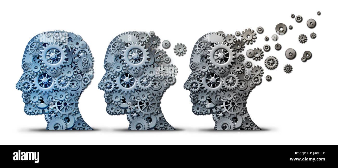 Alzheimer dementia brain disease as a memory loss and mental transforming neurology or mind mental health concept as a human head. Stock Photo