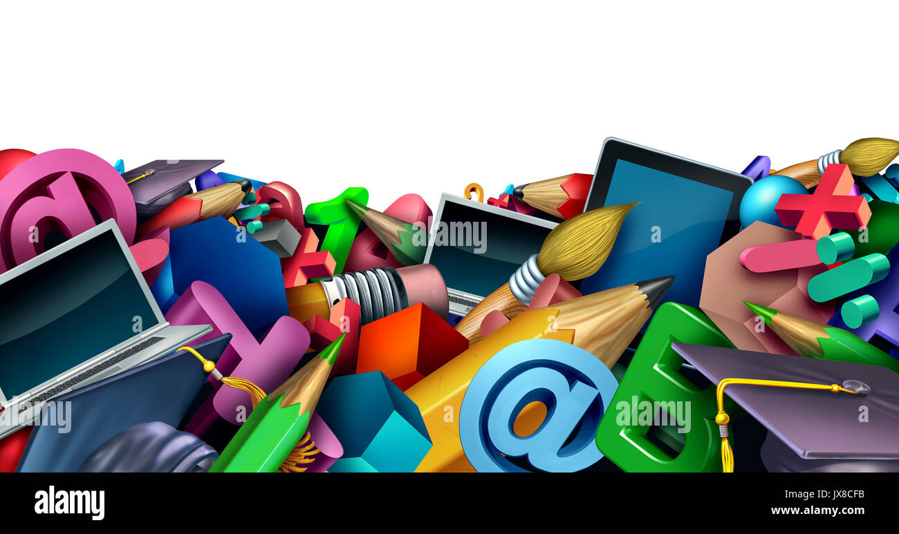 School border background and learning tools and supplies as a computer tablet pencils and learning icons shaped in a horizontal frame. Stock Photo