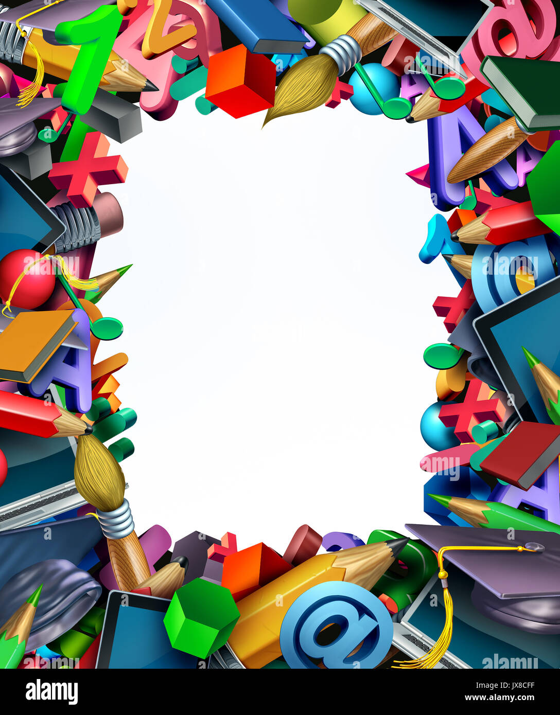 School supplies frame border background and learning tools as a computer tablet pencils books and learning icons shaped in a framed design. Stock Photo