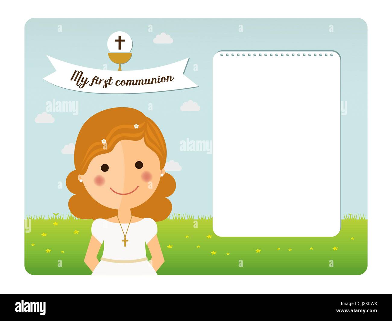 My first communion invitation with foreground girl and notes space Stock Vector