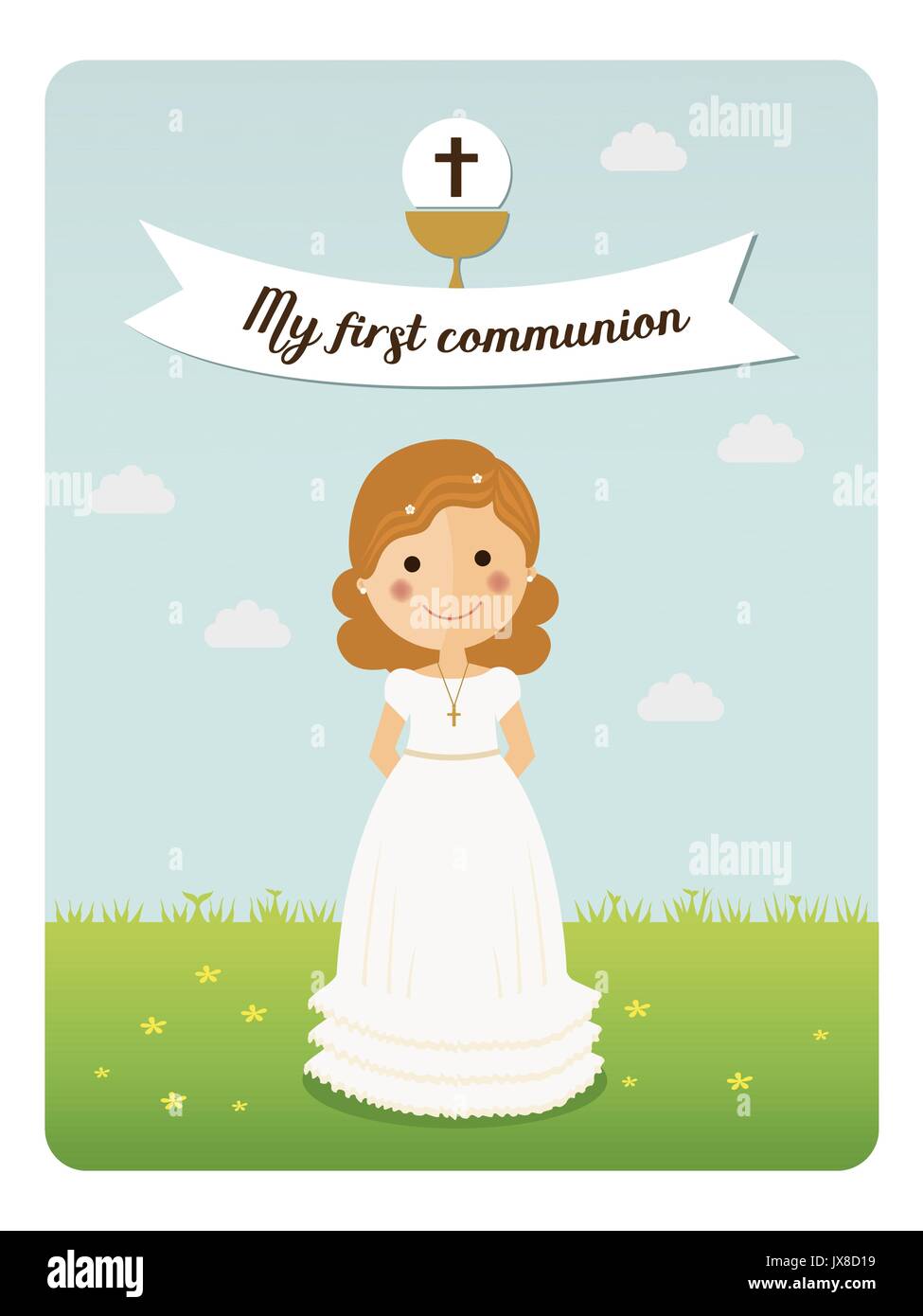 My first communion reminder with curly hair girl and blue sky background Stock Vector