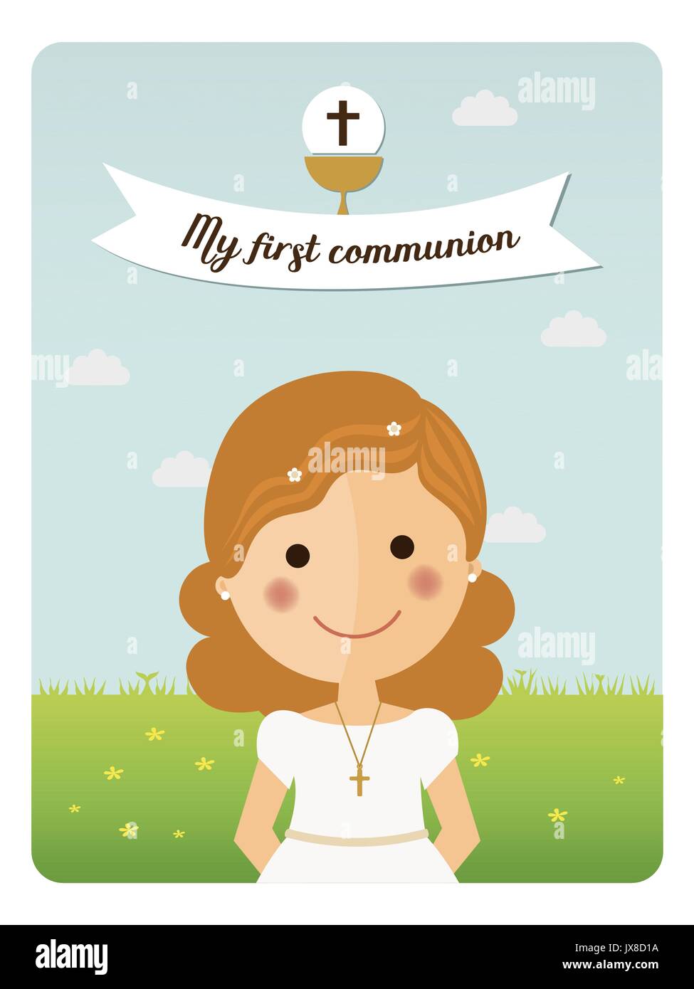 My first communion reminder with foreground girl and blue sky background Stock Vector