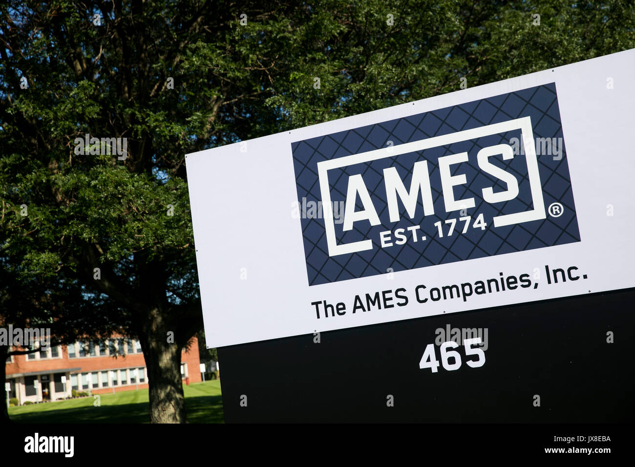 A logo sign outside of the headquarters of the Ames Companies, Inc., in Camp Hill, Pennsylvania