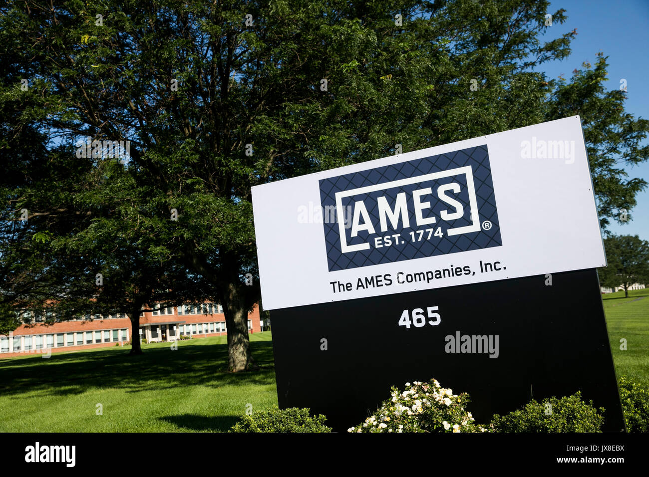 A logo sign outside of the headquarters of the Ames Companies, Inc., in Camp Hill, Pennsylvania