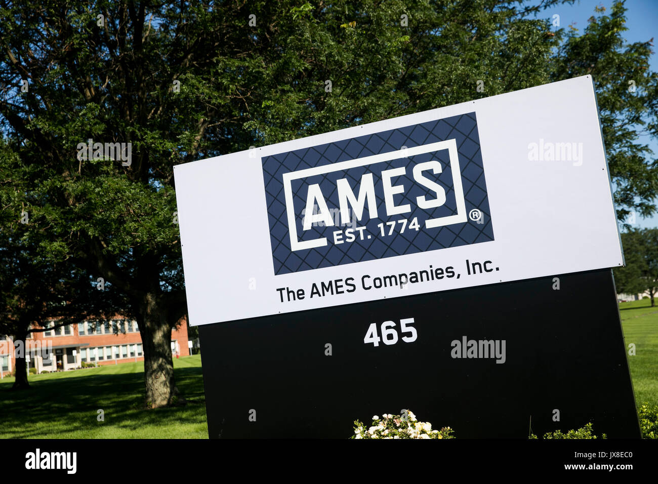 A logo sign outside of the headquarters of the Ames Companies, Inc., in Camp Hill, Pennsylvania
