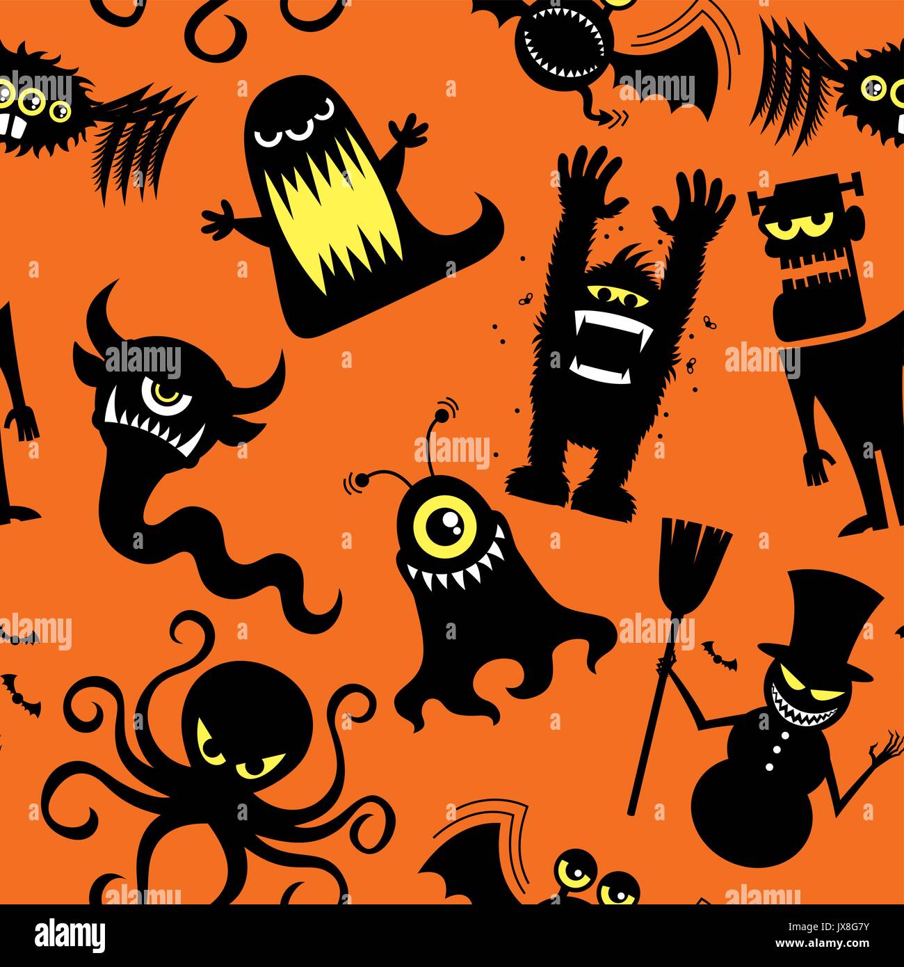 Seamless pattern with silhouettes of cartoon monsters Stock Vector ...