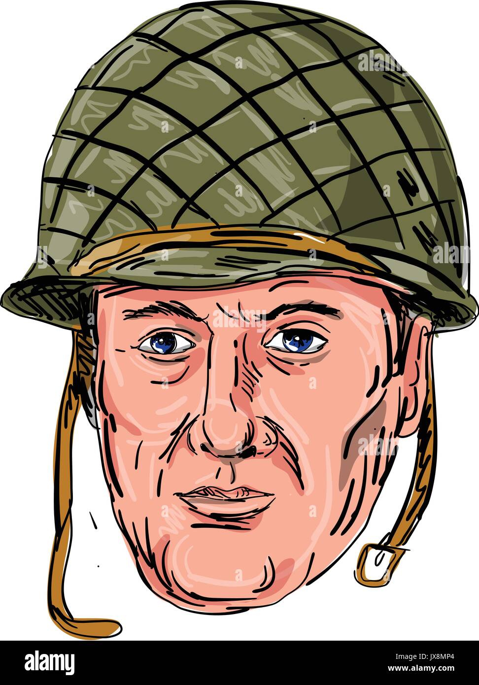 Illustration of a World War Two American Soldier Head viewed from front done in hand sketch