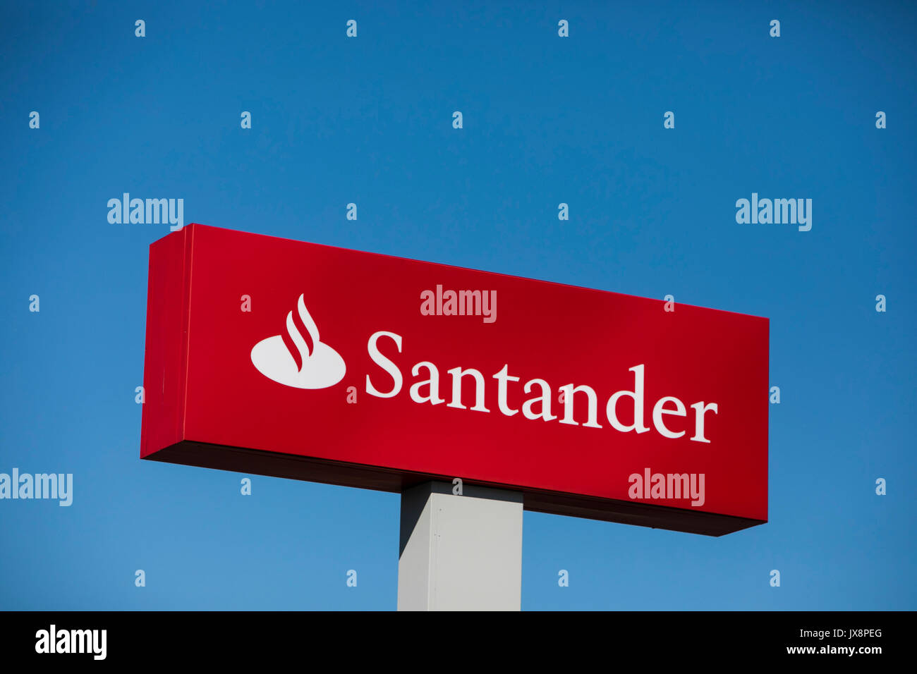 A logo sign outside of a Santander Bank branch in Camp Hill, Pennsylvania on July 30, 2017. Stock Photo