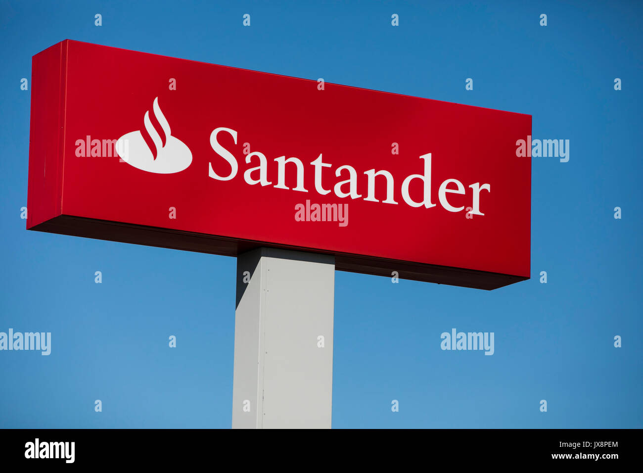 A logo sign outside of a Santander Bank branch in Camp Hill, Pennsylvania on July 30, 2017. Stock Photo