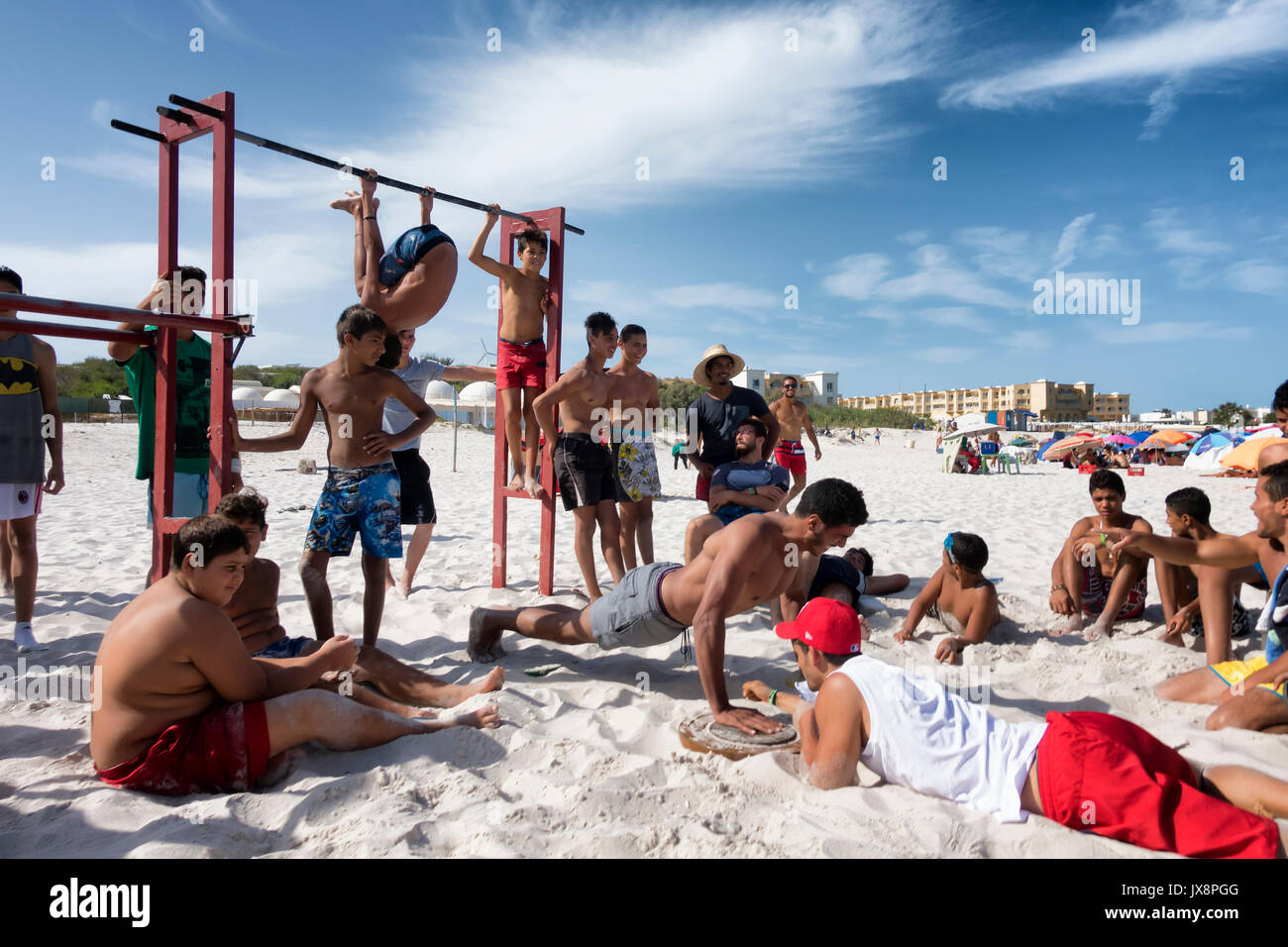 Kelibia Tunisia August 13 2017 Group Of Young People On The Beach Doing Fitness And Gym Activity Stock Photo Alamy