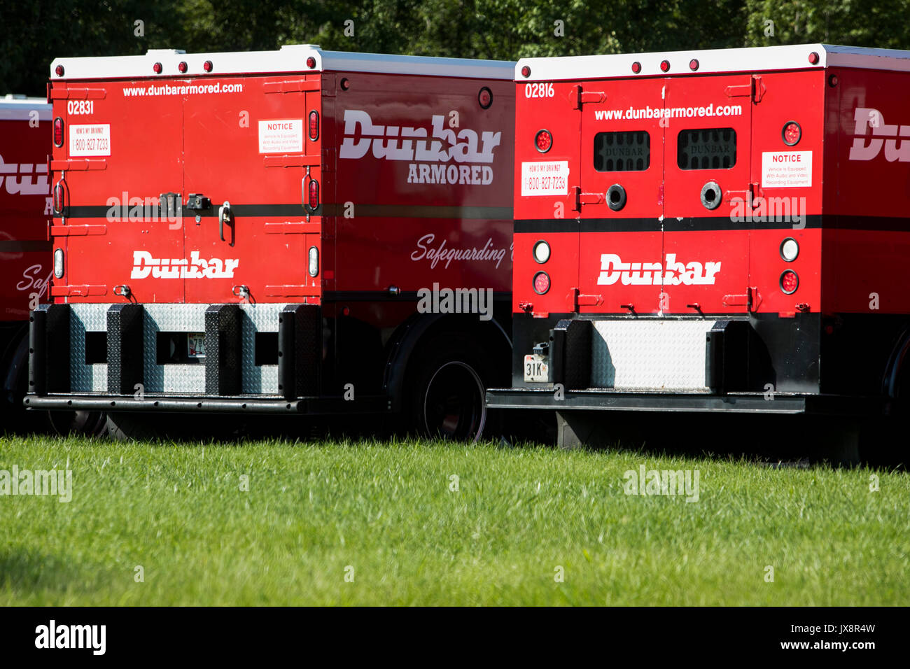 A row of Dunbar Armored trucks in Beltsville, Maryland, on August 13